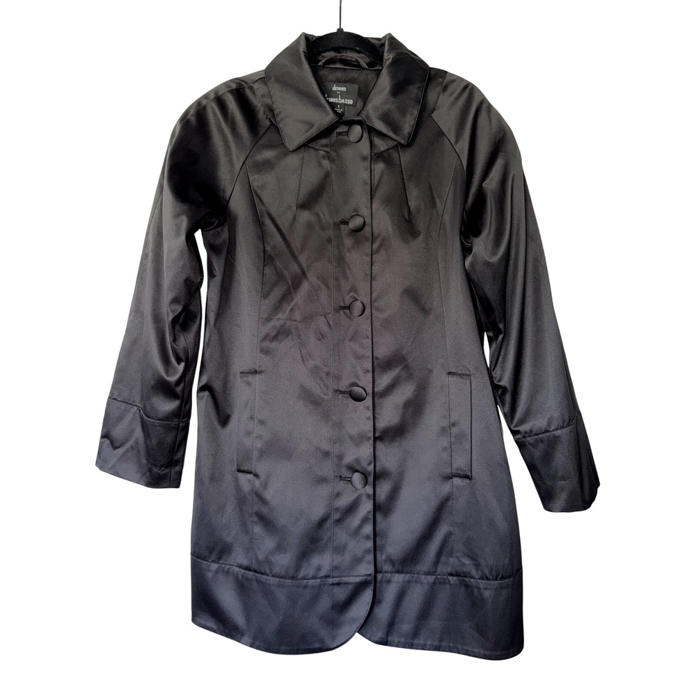 Dennis Basso Black Satin Trench Coat Button Front‎ Lined Jacket small